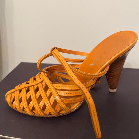 Prada | Orange Basketweave Ankle wrap Wooden Heels - Picture 3 of 6
